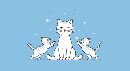 Cute Mother Cat with Two Playful Kittens and Stars Illustration © Muhammad Zayyan Rayy