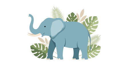 Fototapeta premium Cute Elephant Illustration with Tropical Jungle Leaves