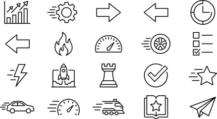 Speed and Performance Business Line Icon Set Featuring Rocket Car Train Arrows Gauge Lightning Fire Chess Rook Vectors © Lipi