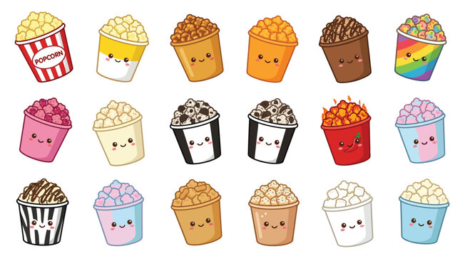 A delightful collection of cute cartoon popcorn buckets with various flavors and toppings, each featuring a happy smiling face.
