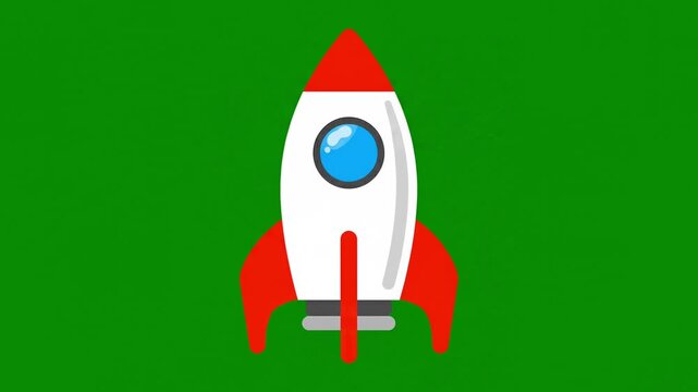 Cartoon rocket ship animation shaking and launching forward on a bright green chroma key background