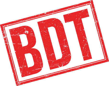 A grunge style red rubber stamp impression with bold white letters reading BDT on a white background