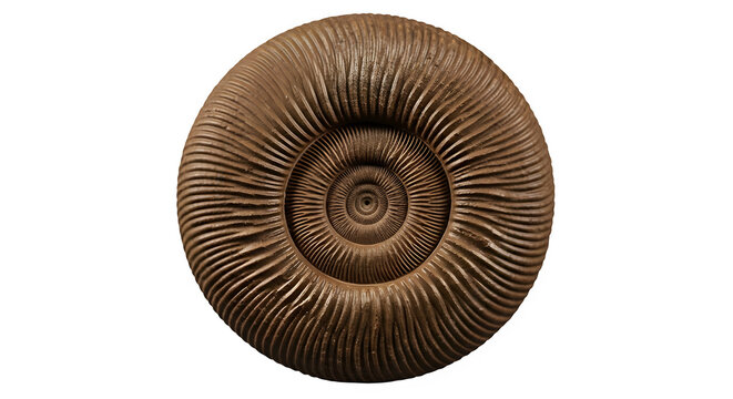 Fossilized ammonite shell cross section isolated on black background