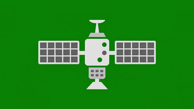 Minimalist satellite animation spinning and moving forward on a solid green background chroma key