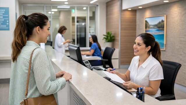 Medical Receptionist Greeting Patient at Modern Clinic Front Desk