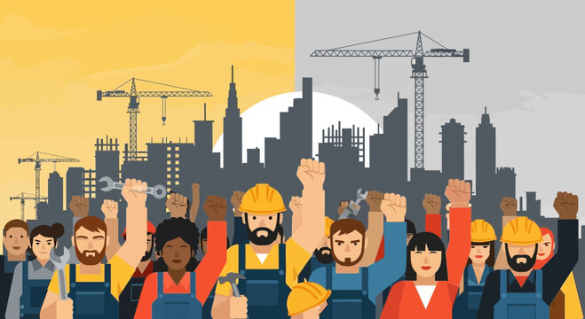 Diverse Industrial Workers Protesting in Front of Construction Site