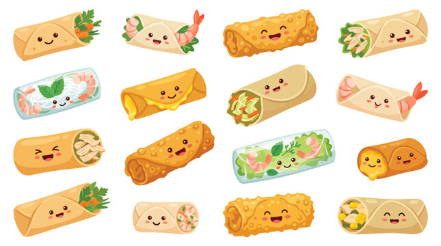 A delightful collection of kawaii-style spring rolls and egg rolls, each with a unique cute face, presented on a white background.