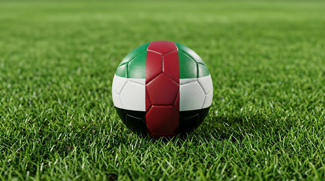 Soccer ball on green grass with UAE flag colors