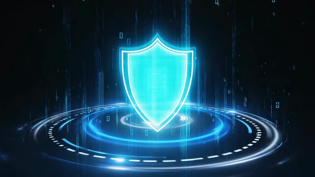 Futuristic blue shield hologram representing digital security and data protection within a technological network environment.