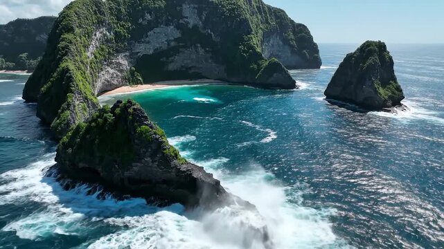 Dramatic ocean cliffs and turquoise water with crashing waves on a sunny day