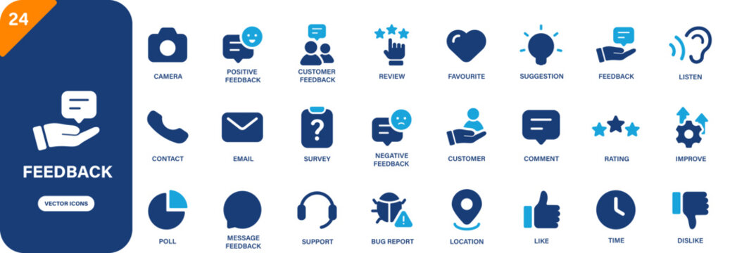 Solid vector feedback icon set including positive feedback, review, favourite, improvement and customer service symbols.
