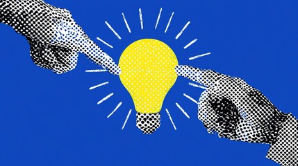 Fototapeta premium Creative halftone graphic with two black-white dotted stylized hands pointing toward central glowing yellow textured lightbulb surrounded by radiant white rays on vivid solid blue backdrop