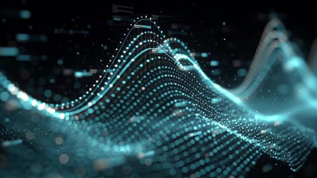 Vibrant abstract digital data stream visualization with luminous blue particles forming undulating waves, symbolizing advanced technology