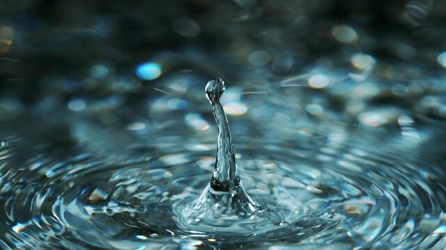 Macro close-up of a falling water drop creating a splash and ripples on a clear water surface. High-speed capture revealing fluid motion, transparency, and intricate details.
