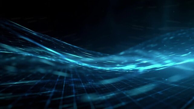 Abstract blue digital network data stream background with flowing lines and grid patterns, representing technology and connectivity
