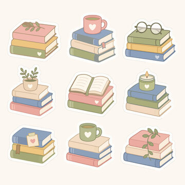 Cute pastel reading book stack sticker sheet featuring cozy books, mugs, plants, candles, bookmarks, and open journals in a clean flat vector style.Cute pastel reading book stack sticker sheet featuri