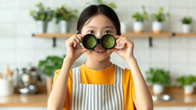 A cheerful young girl wearing an apron in a bright modern kitchen smiles as she uses two green smoothie cups like pretend binoculars suggesting fun and healthy living