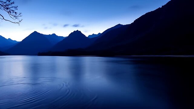Suitable for meditation apps, nature magazines, travel brochures, and inspirational quotes. Tranquil mountains, water ripples, twilight silhouette nature vista.