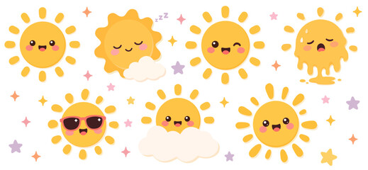 Fototapeta premium Cute Sun Character Collection Featuring Smiling Faces, Cloud Elements, Cheerful Summer Mascots Set