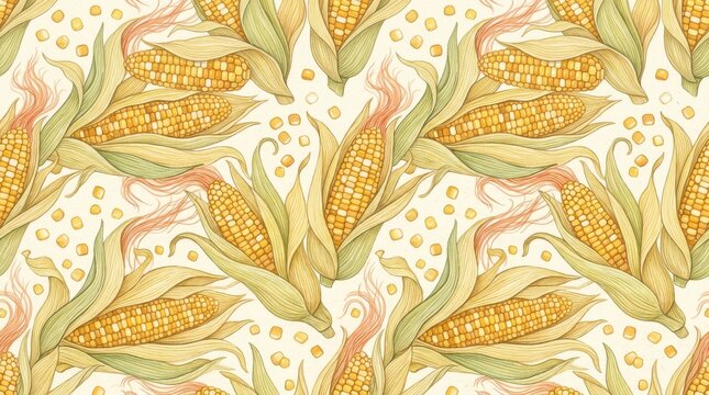 Corn cob seamless pattern featuring vintage hand-drawn botanical illustrations of sweet corn with husks and silk for harvest-themed textile and packaging
