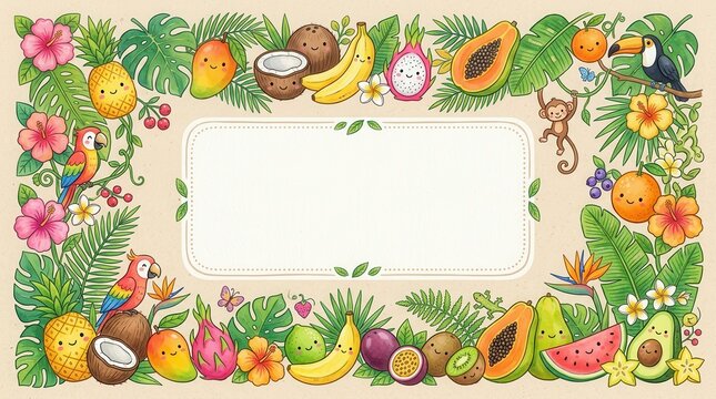 Kawaii tropical fruit and jungle animal border illustration with blank copy space for summer designs, featuring cute hand-drawn exotic fruits and flowers