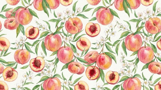 Watercolor peach seamless pattern with ripe fruit, blossoms, and green leaves on a textured background for textile and wallpaper design
