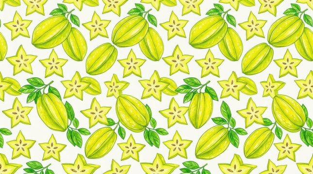 Starfruit seamless pattern featuring whole and sliced carambola with green leaves in a hand-drawn colored pencil style on a white background
