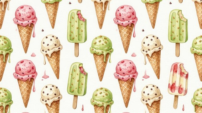 Ice cream seamless pattern featuring watercolor scoops in waffle cones and fruit popsicles for summer textile and wrapping paper design