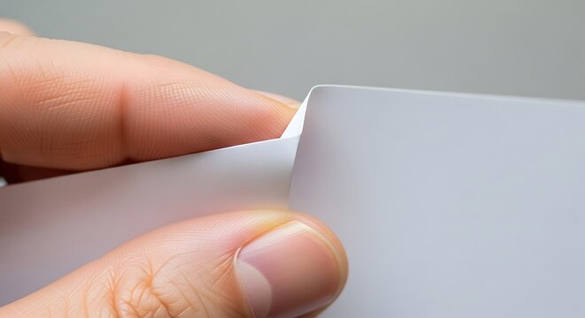 Fingers holding and curling the corner of a blank white paper sheet