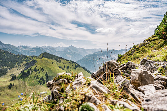 Scenic Alpine Panorama View from Iseler Towards Hochvogel Mountain, Idyllic Zipfelsalpe Valley with Lush Green Meadows in Allgaeu Alps, Tyrol Austria