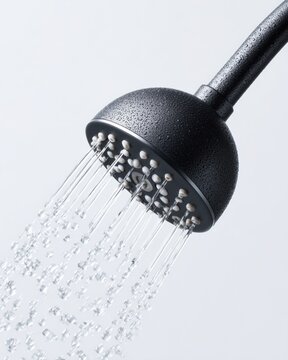 Close up of black handheld shower head spraying water streams with droplets on white background