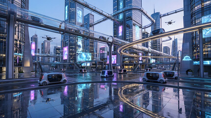 Naklejka premium Futuristic Metropolitan Transportation Network Featuring Autonomous Electric Vehicles and Delivery Drones in a High Tech Cityscape at Twilight