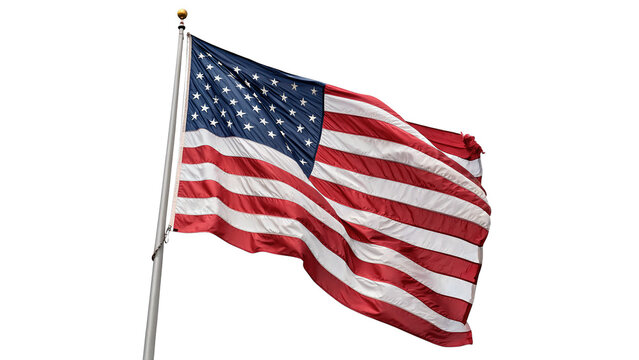 National flag of United States waving on a metallic silver flagpole isolated on transparent background