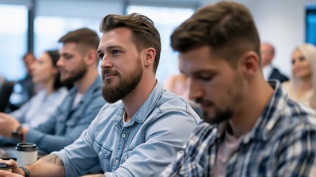 Employees attend security awareness training in a classroom setting while engaging in learning activities during working hours