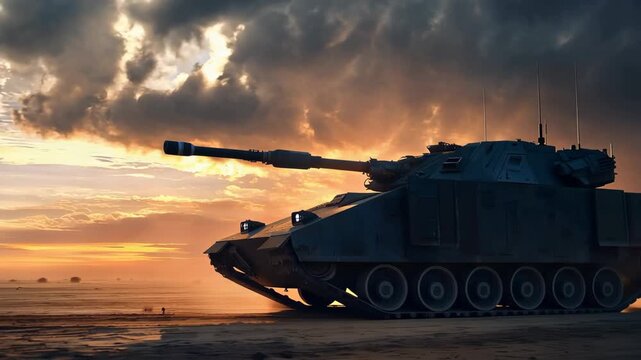 Military tank moves across battlefield at sunset with clouds in sky and dirt flying around