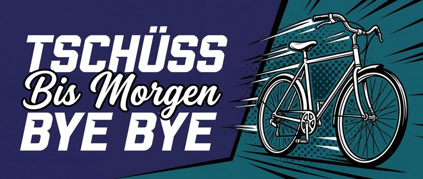 Bicycle retro pop art banner with German farewell text Tschuess Bis Morgen Bye Bye in comic book style speed line illustration for classic cycling lifestyle, commuting, and active transportation.
