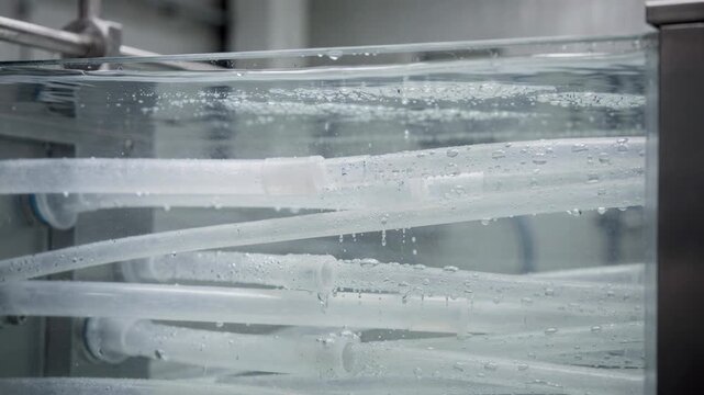 Medium shot inside a clear water calibration tank focusing on freshly extruded pipes gently cooling and stabilizing emphasizing clarity and calm process environment