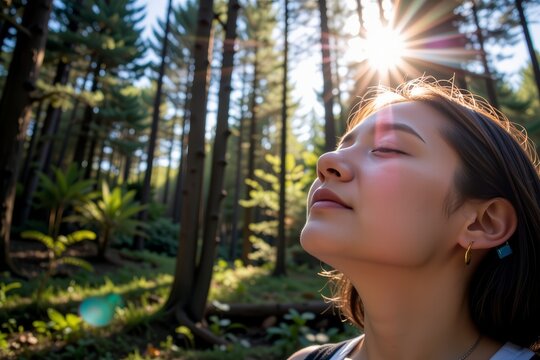 Serene Woman Enjoying Sunlit Forest