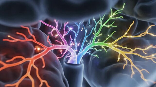 Animated depiction of interconnected neurons in the medial geniculate nucleus, with colorful neural pathways and electrical signals.