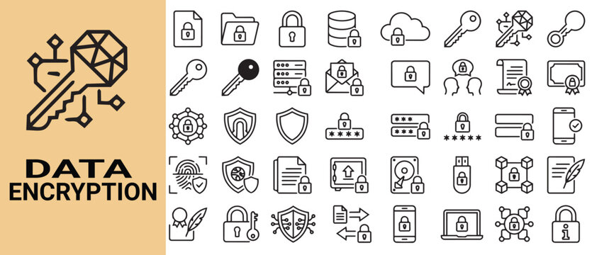 Data Encryption Linear Icons Set, Secure Data Transfer, Cryptography, Information Protection, Privacy Technology Collection Editable Icon