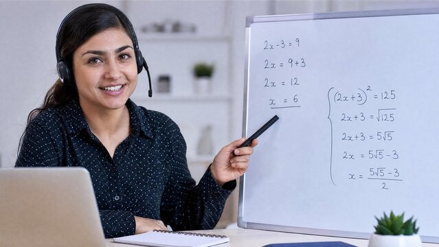 Indian Female Teacher Conducting Online Math Class with Whiteboard and Headset