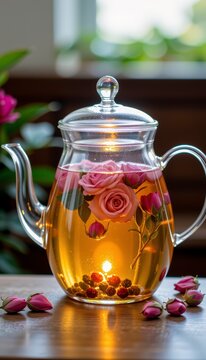 Glass Teapot with Pink Roses Wooden Surface