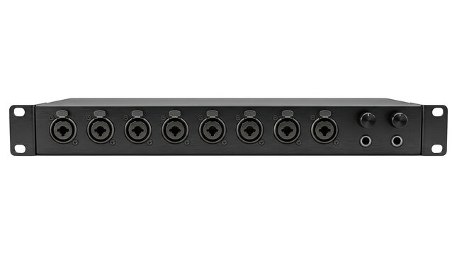 Audio mixing console patchbay with multiple XLR and jack inputs for live sound.