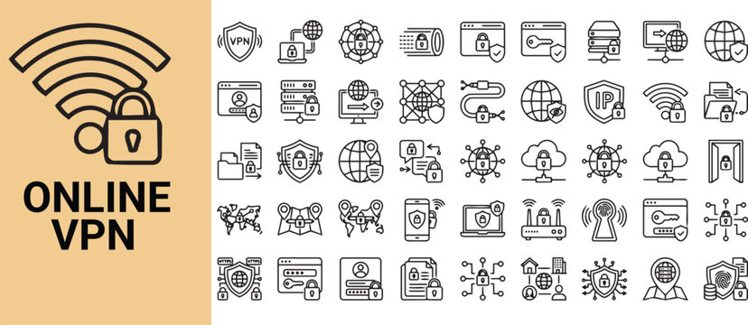 Online VPN Linear Icons Set, Virtual Private Network, Secure Browsing, Internet Privacy Collection Editable Icon