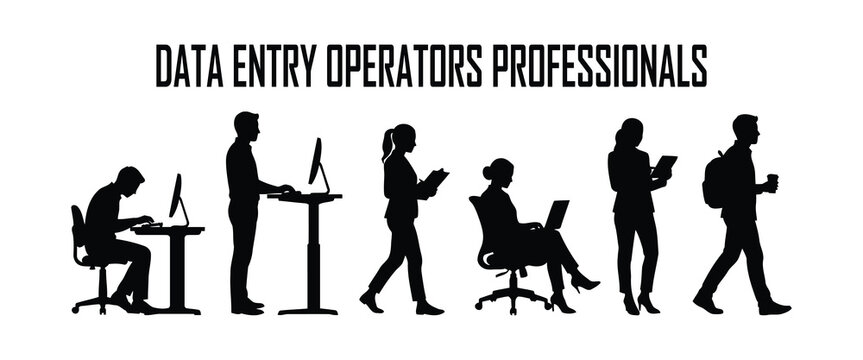 Data entry operators professionals silhouettes, office workers at desks with computers, business people using laptops and tablets vector