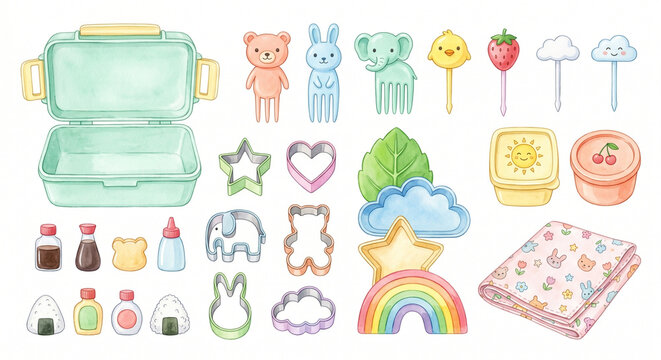 子供のお弁当グッズセット 水彩イラスト素材