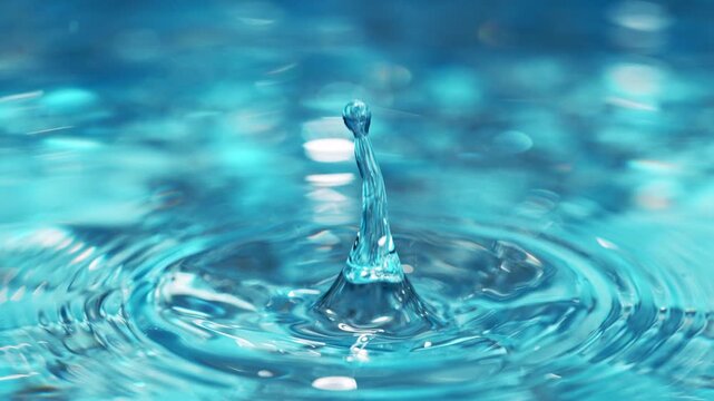 Macro close-up of a falling water drop creating a splash and ripples on a clear water surface. High-speed capture revealing fluid motion, transparency, and intricate details.