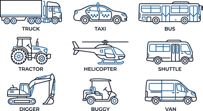 Set of modern line art transport vehicle icons showing truck taxi bus tractor helicopter shuttle digger buggy van.