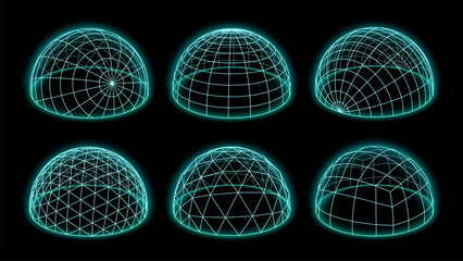 Wireframe dome. Secure shield hemisphere, glowing half sphere hologram and digital 3D grid bubble isolated set © fim.design