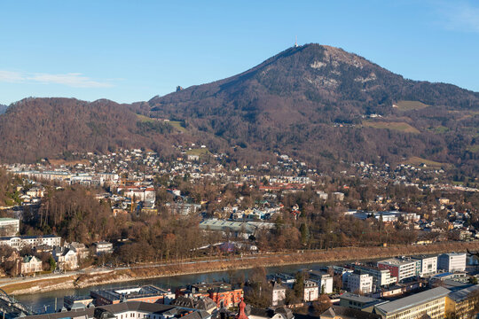 Mountain and Salzach River view in Salzburg, Austria